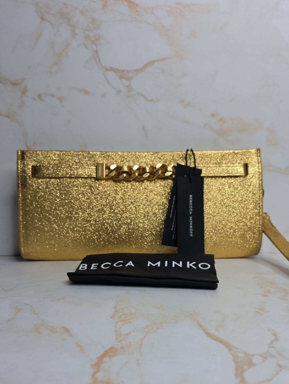 Rebecca Minkoff Gold Glitter Chain Wristlet Curb Link Leather Clutch With Chain